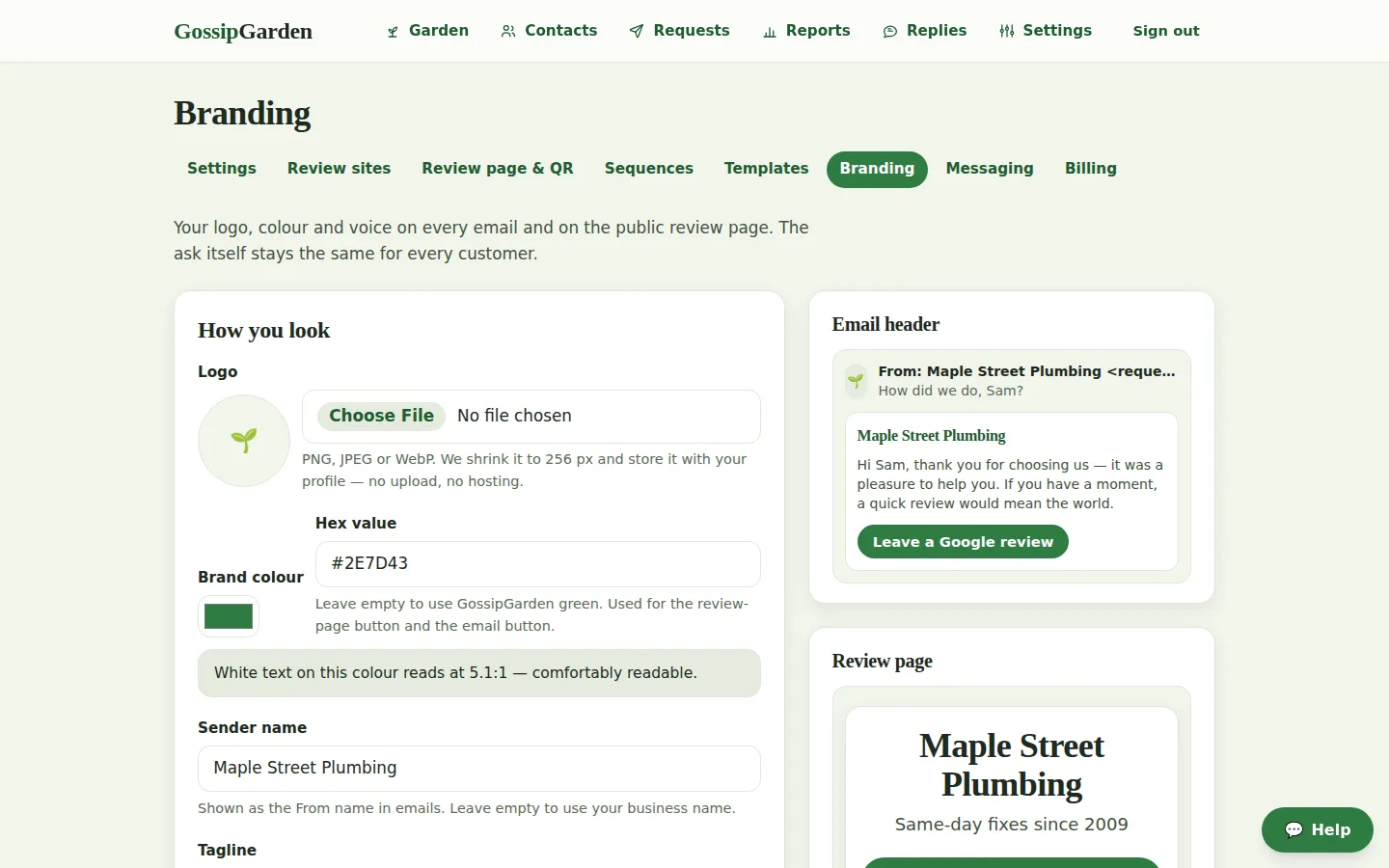 Screenshot of GossipGarden's branding page