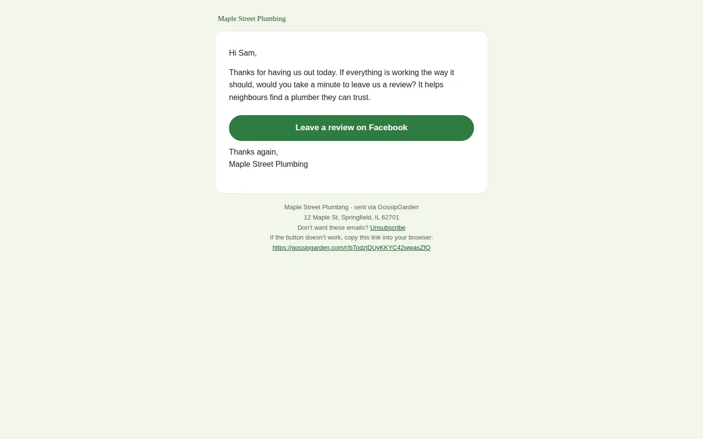 Screenshot of GossipGarden's review request email page