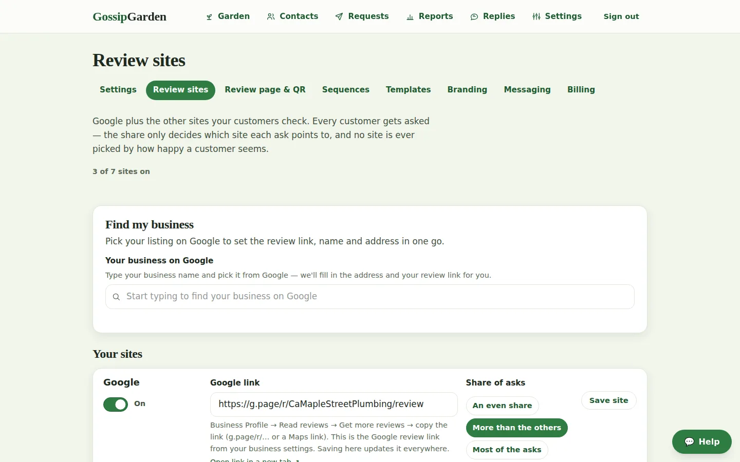 Screenshot of GossipGarden's review sites page